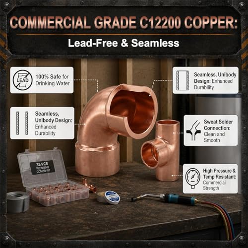 Yaocom 35 Pcs Copper Pipe Fittings Kit, 3/4" to 1/2" Plumbing Fitting Assortment with Copper Elbows, Brass Tee, Reducers and Couplings, Lead-free Sweat Solder Pipe Fittings for Residential Commercial