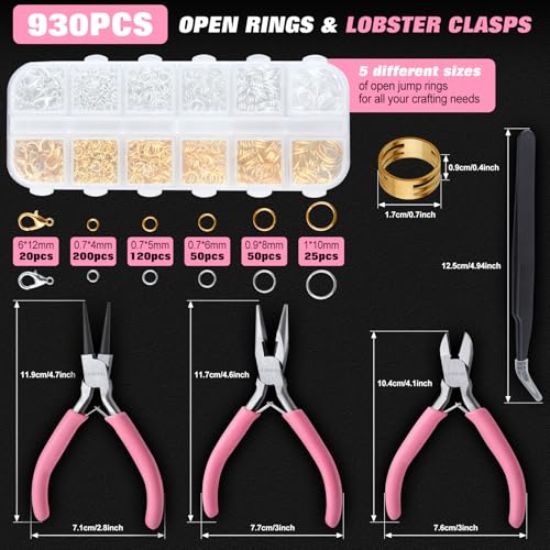 930 Pcs Jump Rings Lobster Clasps with Jewelry Pliers for Jewelry Making and Repair, Needle Nose, Round Nose Pliers and Wire Cutter, Tweezer, Thimble Ring for Wire Wrapping, Bracelets Crafts - style: Jewelry Making Tools Kit