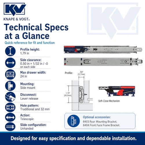 Knape & Vogt 8450FMP 16 Side Mount Soft-Close Drawer Slide, 16-Inch, Pair - size: 16 Inch