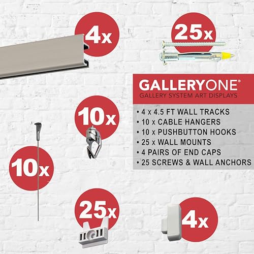 GalleryOne Pro Picture Hanging System Set - Covers 18 ft of Wall Space - Heavy Duty Discreet Picture Rails & Art Hanging Kit Without Nails - for Home or Office - color: Paintable Aluminum