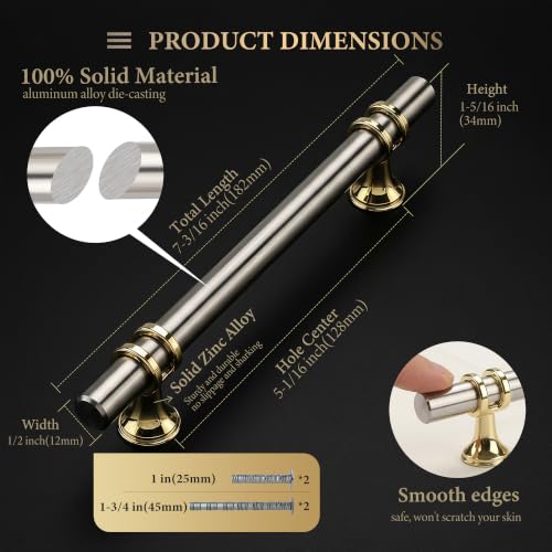 Haliwu 10 Pack 5 Inch Brushed Nickel and Gold Cabinet Handles | 128mm Hole Center, Solid Aluminum and Zinc Alloy, Kitchen Pulls Hardware for Bathroom Drawer Dresser - color: Brushed nickel&Gold, size: 5-inch (128mm) hole spacing