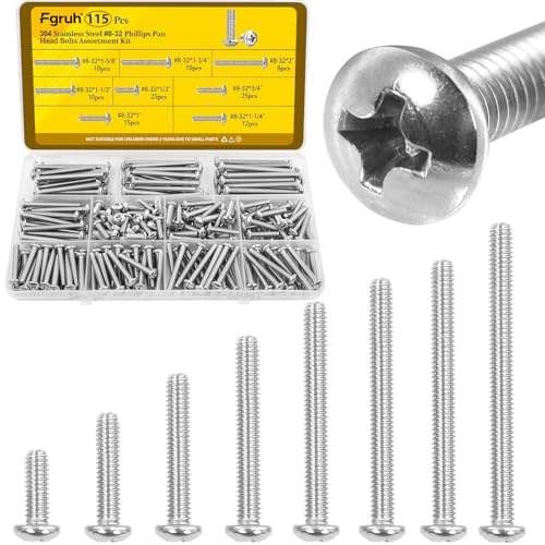 115PCS #8-32 Phillips Pan Head Machine Screws Bolts Assortment Kit - size: SS #8 115pcs