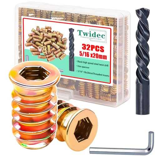 Twidec/32PCS 5/16"-18 Threaded Inserts for Wood Furniture Screw-in Nut Wood Inserts Bolt Assortment Kit with M8 Hex Wrench (5/16"-18 x20mm) - size: 5/16"-18 x 20mm (32 PCS)