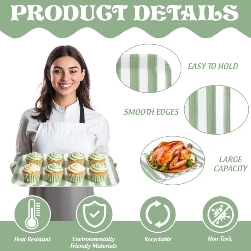 JarThenaAMCS 3Pcs Sage Green Stripe Serving Trays Hand Painted Striped Serving Dish Reusable Melamine Platter for Wedding Birthday Baby Shower Graduation Party Sharing Food Supplies