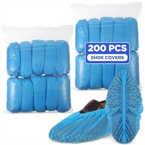 Kifmurase 200Pcs Shoe Covers Disposable Non-Slip, Blue Non-Woven Fabric Boot Covers for Indoors, Durable Breathable Boot Cover, Booties for Shoes, Stretchable Fits Up to Size 13 US Men