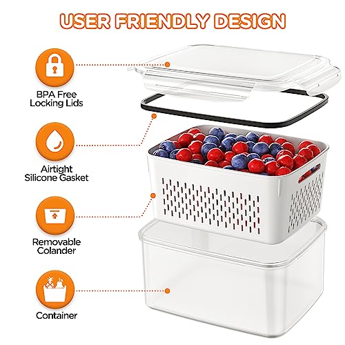 6 PCS Fruit Storage Containers for Fridge with Removable Colanders, 6 Plastic Food Storage Containers with 6 Lids, Leakproof Produce Containers Keep Fruits, Vegetables, Berry, Meat Fresh Longer - color: 6-Pack White