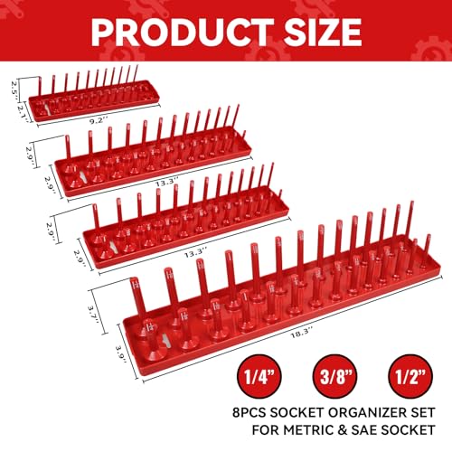 AIUITIO Socket Organizer Tray Set,8-Piece Socket Holder Set Includes 2PCS 1/4", 4PCS 3/8", 2PCS 1/2" Drive Metric SAE Socket Trays, Store 226 Pieces Standard and Deep Sockets - size: 226 Socket Capacity