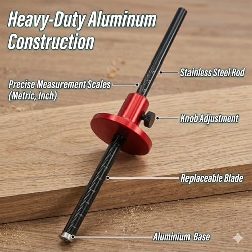 Wheel Marking Gauge Woodworking Scriber Tool - Aluminum Alloy Mortise Gauge with Anti-Slip Knurled Knob - Dual Metric & Imperial Scale for Carpenter Joinery