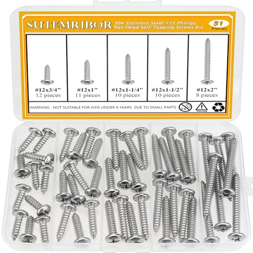 51 Pieces #12 x 3/4" 1" 1-1/4" 1-1/2" 2" Wood Screws Set, Phillips Pan Head #12 Self-Tapping Screws Assortment Kit, 304 Stainless Steel - size: #12, style: Phillips Pan Head