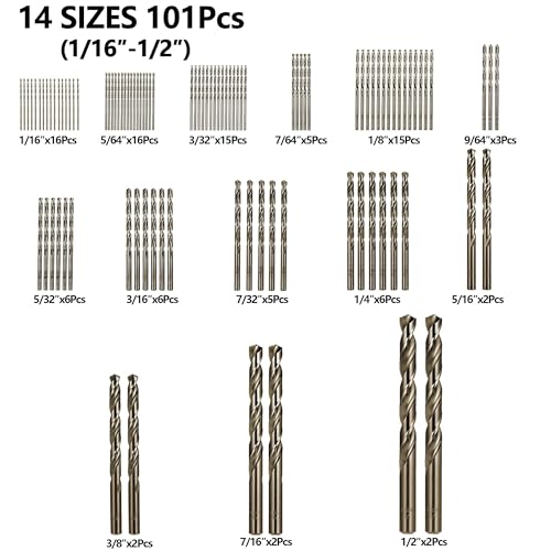 Cobalt Drill Bits Set for Hardened Metal and Stainless Steel, 101Pcs M35 High Speed Steel Twist Jobber Drill Bits 1/16"-1/2", with Plastic Index Storage Case - size: 1/16-1/2 in (101 pcs)
