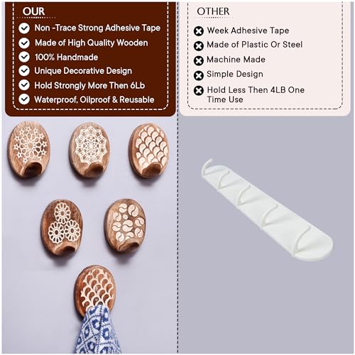 Indian Shelf 6 Boho Wood Adhesive Wall Hooks Peel Stick for Keys and Bags - color: Brown Style 7