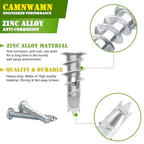 250pcs #8 Metal Self-Drilling Drywall Anchors, (125 Anchors+125 Screws) Hollow Zinc Wall Anchors and Screws Kit, 125pcs Heavy Duty Anchors 125pcs #8 x 1-1/4" Screws