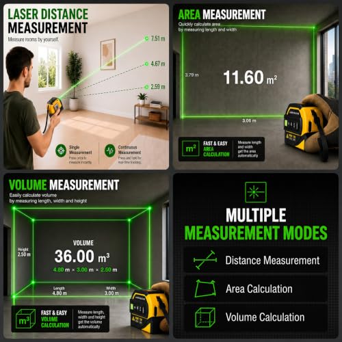 4-in-1 Digital Green Laser Tape Measure, 16FT Auto-Lock Tape, 328FT Laser