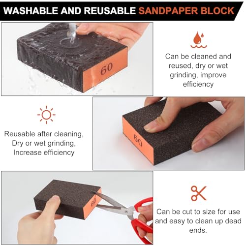 Romeda 8-Pack Sandpaper Block, 60 Grits Washable and Reusable Handmade Sanding Sponge, Drywall Sandpaper Blocks for Wooden Drywall Sheetrock and Metal Glazing - color: 60 Grits, size: 8-Pack
