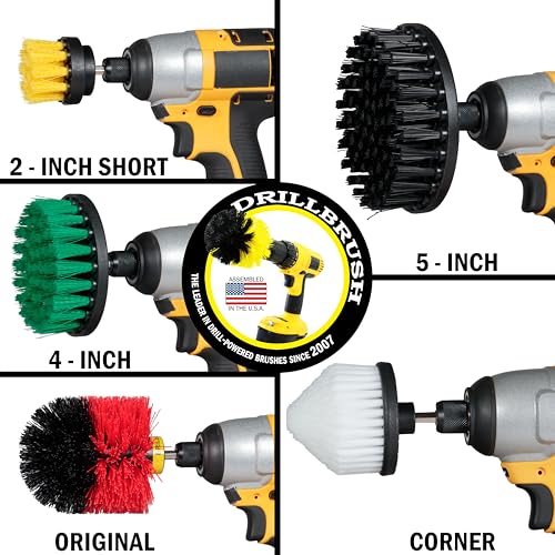 Drillbrush Multipurpose Cleaning Brush Set - Grout, Tile, Shower, Brick - color: White, Yellow, Green, Red, Black