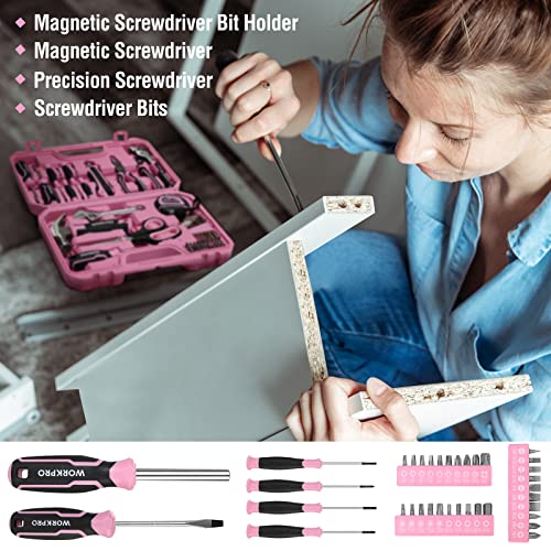 WORKPRO 52-Piece Pink Tools Set, Household Tool Kit with Storage Toolbox
