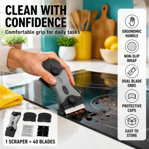 2 Pack Razor Scrapers + 40Pcs Extra Blades,Razor Blade Scraper Tool Kit