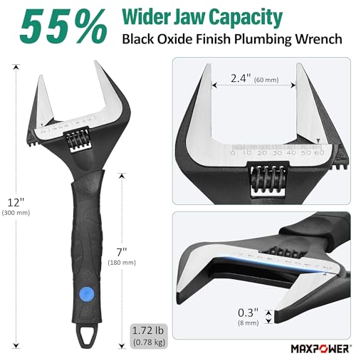 MAXPOWER 12-inch Wide Jaw Adjustable Wrench, 2.4" Jaw Opening, Cr-V Steel - size: 12-inch