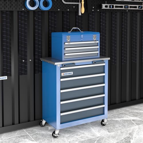 LARBANKE Metal Tool Box,3 Drawer Tool Box with Top Storage Tray, Portable Tool Chest with Locking System and Drawer Liner, Hand Carrying Tool Chest for Garage,Home or Workbench