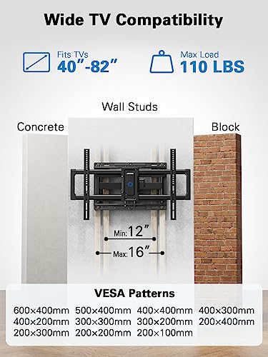 Pipishell Full Motion TV Wall Mount for 40–82 inch TVs, Swivel TV Wall Mount with Smooth Dual Arms, Wall Bracket Fits Most 55+ 65+ 75+ TVs, Max VESA 600x400mm, Fits 12″/16″ Wood Studs, up to 110 lbs - style: Fits 40-82" TVs / Max 16" Wood Stud