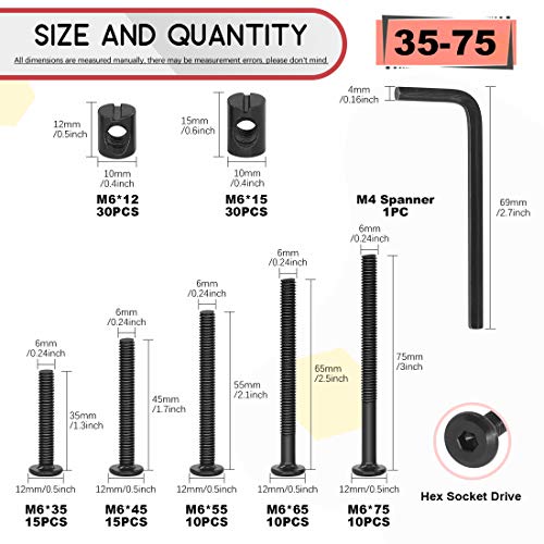 Hilitchi M6 120Pcs Black Hex Socket Head Screws Bolts Barrel Nuts Hardware Assortment Kit for Crib Baby Bed Furniture Cots and Chairs (35mm/45mm/55mm/65mm/75mm-Assortment Kit) - size: 35mm/45mm/55mm/65mm/75mm-Assortment Kit