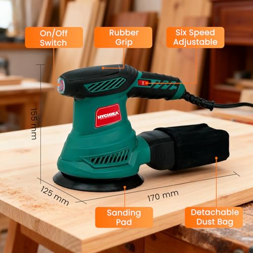 HYCHIKA 5-Inch Random Orbital Sander, 13000RPM Electric Palm Sander with 6 Variable Speeds, Powerful Motor, 12PCS Sandpapers and Efficient Dust Collection Bag, for Woodworking, Finishing and Polishing