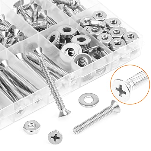 HELIFOUNER 140 Pieces #10-24 Phillips Countersunk Head Machine Screws Nuts Washers Assortment Kit, Coarse Thread, Fully Machine Threaded, 304 Stainless Steel - size: #10-24