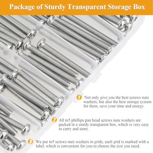 88 Pieces M5 x 30/35/40/45/50mm Machine Screws Nuts Washers Set, Sutemribor M5 Long Screws, M5 Phillips Pan Head Machine Screws Nuts Washers Assortment Kit, 304 Stainless Steel, Fully Threaded - size: M5 Long Screws Kit, style: Phillips Pan Head