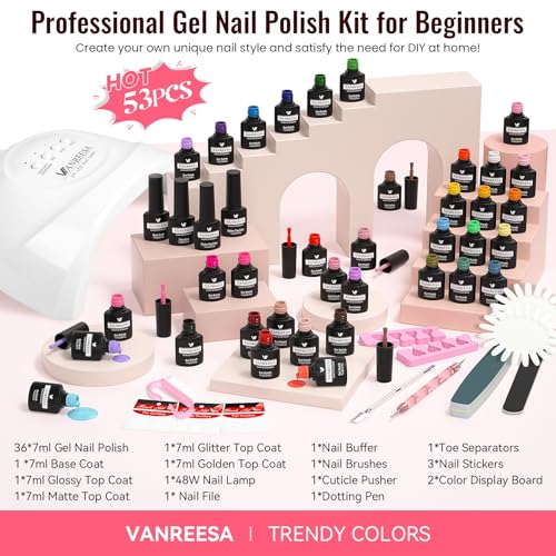 VANREESA Gel Nail Polish Kit with U V Light 53 Pcs Gel Polish Nail Set 36 Popular Colors Nail Polish Set + Base and 4 Effects Top Coat with Manicure Tools Complete Nail Kit Gifts for Women Girls - color: Champagne Roses
