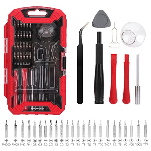 Amazon Basics Precision Screwdriver Set, 32-Piece Electronics Repair Tool Kit for Laptops, Smartphones, Eyeglasses, Watches, Magnetic Tip, Red