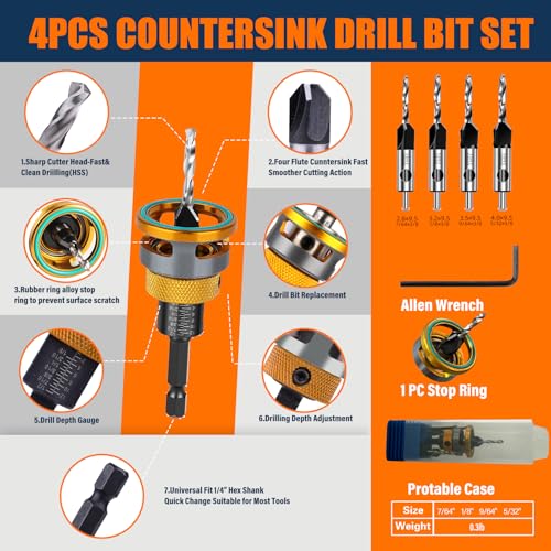 Countersink Drill Bit Set with Depth Stop 4PCS