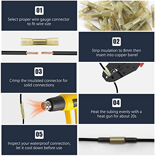 250PCS Heat Shrink Butt Wire Connectors 12-10 AWG, Insulated Waterproof Electrical Wire Connectors Automotive Marine Grade Wire Crimp Terminals Butt Splices, Ideal for Boat, Truck, Yellow - size: Yellow 250 PCS