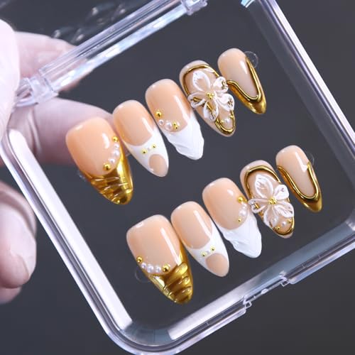MAGLFELL Press On Nails - Handmade French Almond Fake Nails, French Nails Design, Reusable Artificial Almond False Nails for Women 10 Pcs 3D Acrylic Nails Kit (Size M) - color: Bowknot, size: M