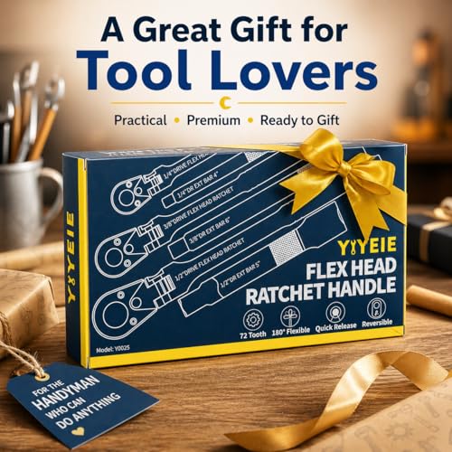 YIYEIE 6-Piece Flex Head Ratchet Set, 1/4", 3/8", 1/2" Drive, Swivel Head Ratchet Wrench with Extension Bar, 72 Tooth, 180° Adjustable, Quick-Release, Flexible Ratchet Handle with EVA Foam - size: 1/4", 3/8", 1/2" Drive, style: 6pcs Flex Head Ratchet Set