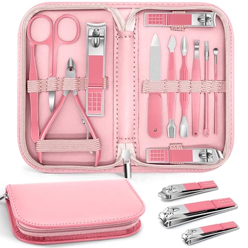 BLESWIN Manicure Pedicure Set, 12 Pcs Nail Care Kit for Women, Mens Nail Grooming Kit, Manicure & Pedicure Tools & Accessories, Pink Nail Kit Manicure Set Luxury Leather Case for Home Salon Use - color: 1-Pink