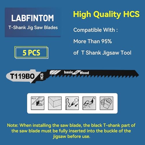 5 Piece Jigsaw Blades Set, Assorted T-Handle Jig Saw Blade Kits, Jigsaw Blades Replacement Set for Cutting Wood, Plastic, and Metal(Only Blades)