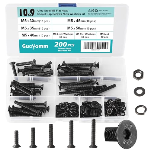 200 PCS M5 x 30mm 35mm 40mm 45mm 50mm, Flat Head Hex Socket Cap Screws Countersunk Bolts Washers Nuts Assortment Kit, 10.9 Grade Alloy Steel, Black Oxide Finish, Metric Allen Drive - size: M5x30/35/40/45/50 mm