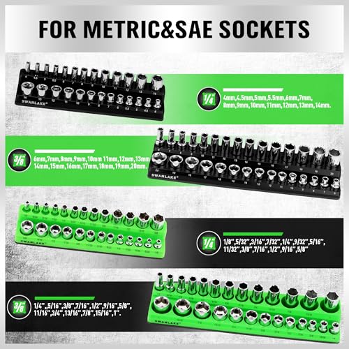 SWANLAKE 4-Piece Magnetic Socket Organizer Set, Metric & SAE Socket Holder Set Includes 1/4", 3/8" Drive Sockets Trays, Magnetic Sockets Organizer for Tool Box Drawer - style: 4PCS Green/Black