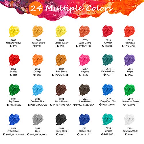Caliart 24 Colors Acrylic Paint Set Large Bottles 4oz with 12 Brushes - color: Regular, size: 4 Fl Oz (Pack of 24)