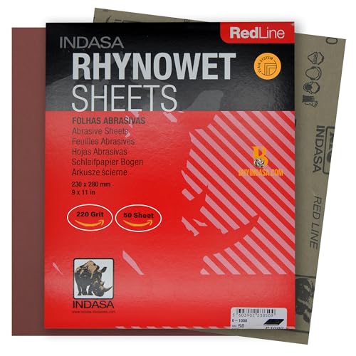 Indasa 50 PCS Redline Full Sheets 9"x11" Wet & Dry Sanding Sheets Series 6 – Rhynowet – 220-Grit – Waterproof Latex Backing - size: 220-Grit 9"x11"