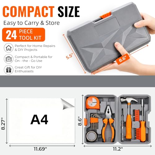 24 Pieces Small Home DIY Tool Kit for Household | Portable Home Hand Tool Box for Women, General Repair Basic Tools Kit Simple DIY Screwdriver Hammer Set for Garage, Office