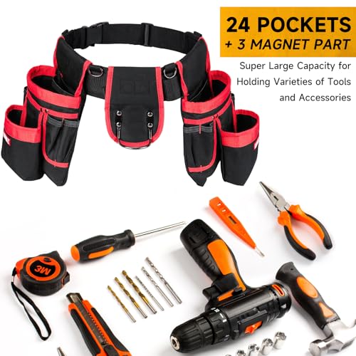 Tool Belt with 4 D-Rings,27-Pockets Tool Belts for Men,Construction - color: Red & Black, size: 27 Pockets with Magnet Pouch