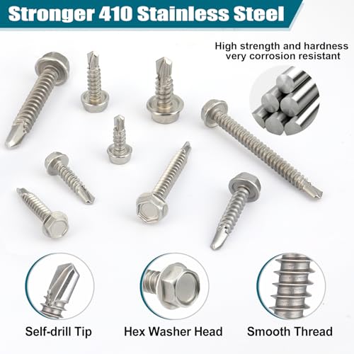 SATANTECH #8#10#14 Self Drilling Screws Assortment Kit,410 Stainless Steel Self Tapping Sheet Metal Screws Hex Washer Head,370Pcs Self Tapping Screws for Metal Wood Plastic,1/2" 3/4" 1" 1-1/2" 2"