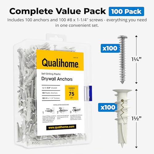 Qualihome Drywall Anchors with Screws – Self-Drilling Drywall Anchors, Anti-Spin Grip, No Pre-Drill Wall Anchor Kit, Strong & Reliable Hold, 100 Pack (200 Pieces) - style: 100 Pack (200 Pieces)