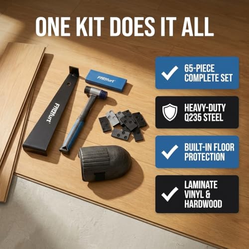 65-Piece Laminate Flooring Tools Kit - Heavy Duty Flooring Pull Bar, LVP Tapping Block, Double-Faced Flooring Mallet, 2 Knee pads & 60 Spacers for Vinyl & Wood Flooring Installation