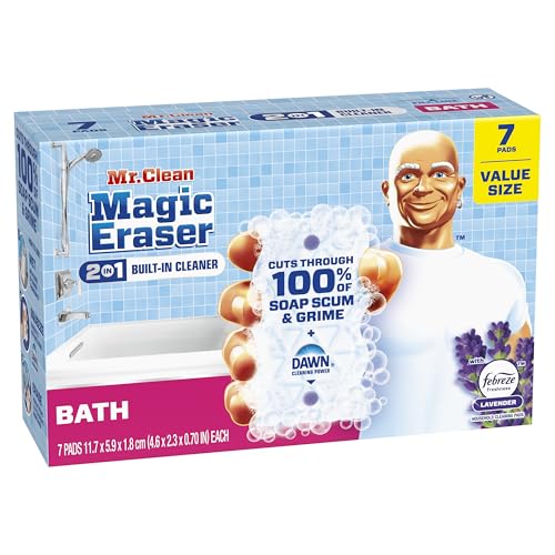 Mr. Clean Magic Eraser Sponge, Bathroom Cleaner, Shower Cleaner, Tub Cleaner, Soap Scum Remover, Bathroom Cleaning Supplies, Dawn Cleaning Power with Febreze Lavender Scent, 2 in 1 Bath, 7ct - size: 7 Count (Pack of 1)