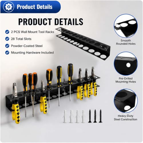 Screwdriver Organizer Wall Mount, 2 Pack Metal Tool Holder Rack