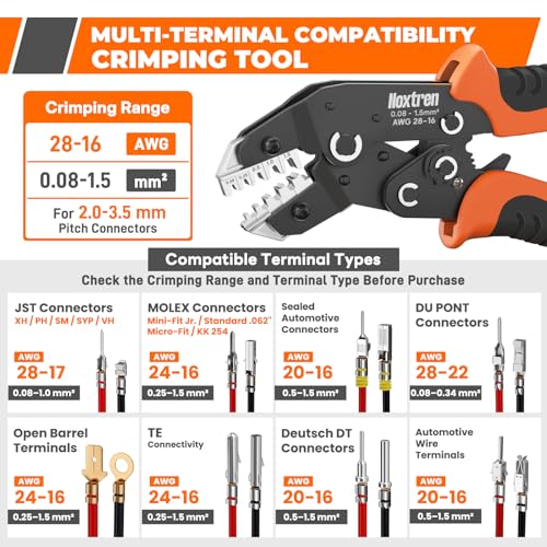 5-in-1 Wire Crimping Tool, AWG 28–16 Ratcheting Pin Crimper for Non-Insulated Open Barrel Terminals – Fits JST XH/PH/SM/SYP, Dupont, Molex, AMP, TE, Deutsch & More Automotive Wire Connectors