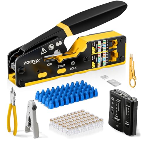 Ethernet Crimping Tool Kit RJ45 Crimp Tools,CAT5 Cat5e Cat6 RJ45 Crimping Tool Kit With Cable Tester, Multiply Stripper, Blades,50Pcs Cat 6 Pass Through Connectors and Strain Relief Boots