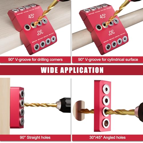 Cable Railing Drill Guide, Portable Angle Drill Guide Jig with 30/45/90 Degree Multi-Angle Drilling Template, 4 Hole Sizes 3/16" 1/4" 5/16" 3/8", Bubble Level for Stair & Deck Installation